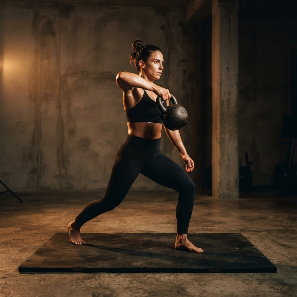Jessi coaching a controlled kettlebell strength movement